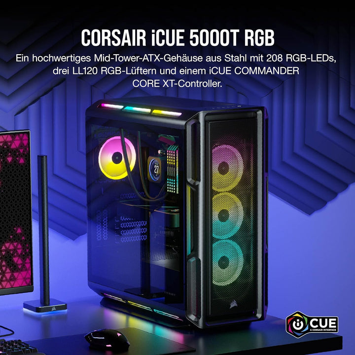 Corsair iCUE 5000T RGB Mid-Tower-ATX-PC-Gehäuse - 208 ansteuerbare RGB-LEDs - Platz für mehrere 360-