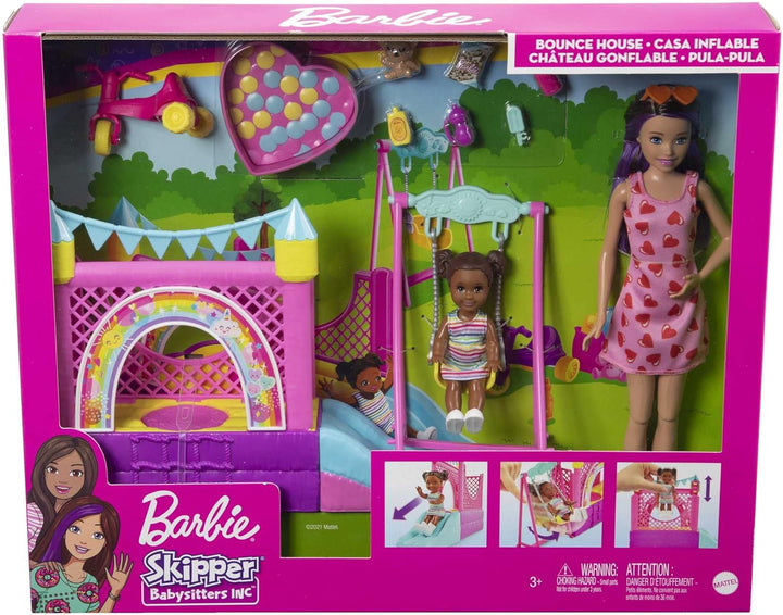 Barbie HHB67 - Hüpfburg-Spielset mit Skipper-Puppe (brünette Haare), Kinderpuppe zum Babysitten, ink