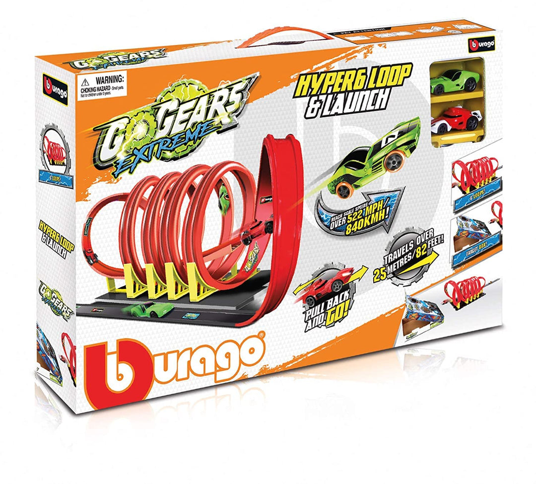 Bburago B18-30535 GO Gears Extreme Hyper 6 Loop und Launch-2 Autos, Verschiedene Designs und Farben