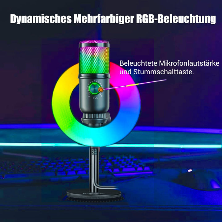 Defender Gaming Mikrofon PC RGB mit Ständer, Streaming Podcast Studio, USB Microphone für PC, Mit 3,