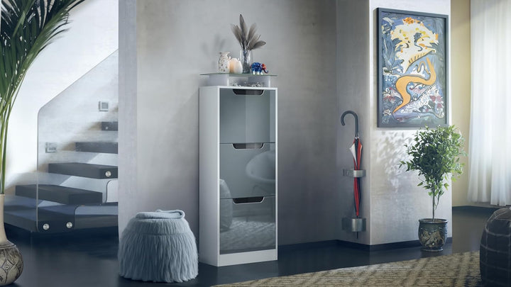 Vladon Schuhschrank Space V2, Schuhkipper für 12 Paar Schuhe mit 3 Klappen und Glasablage, Weiss mat