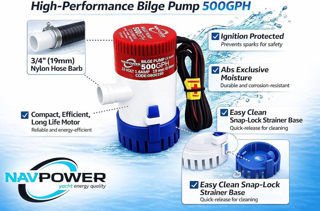 NAVPOWER Leistungsfähige Pumpe für Boote und Wohnmobile (500 GPH 12 V) 500 GPH 12v, 500 GPH 12v