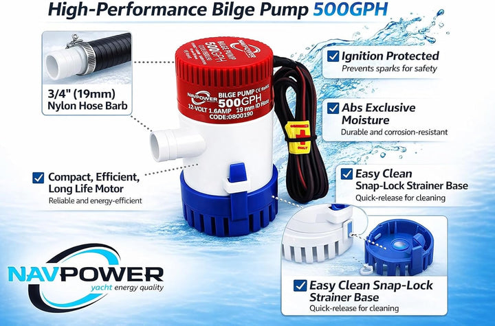 NAVPOWER Leistungsfähige Pumpe für Boote und Wohnmobile (500 GPH 12 V) 500 GPH 12v, 500 GPH 12v