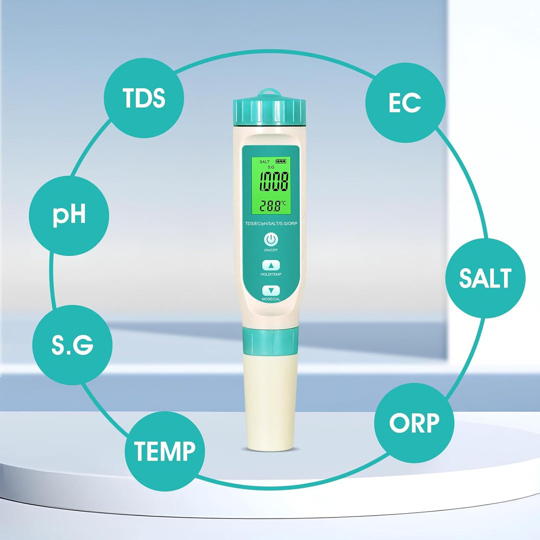 Wasserqualitätstester T8-W7L – 7-in-1 Messgerät pH/TDS/EC/Salz/ORP/SG/Temperatur | IP67 Wasserdicht