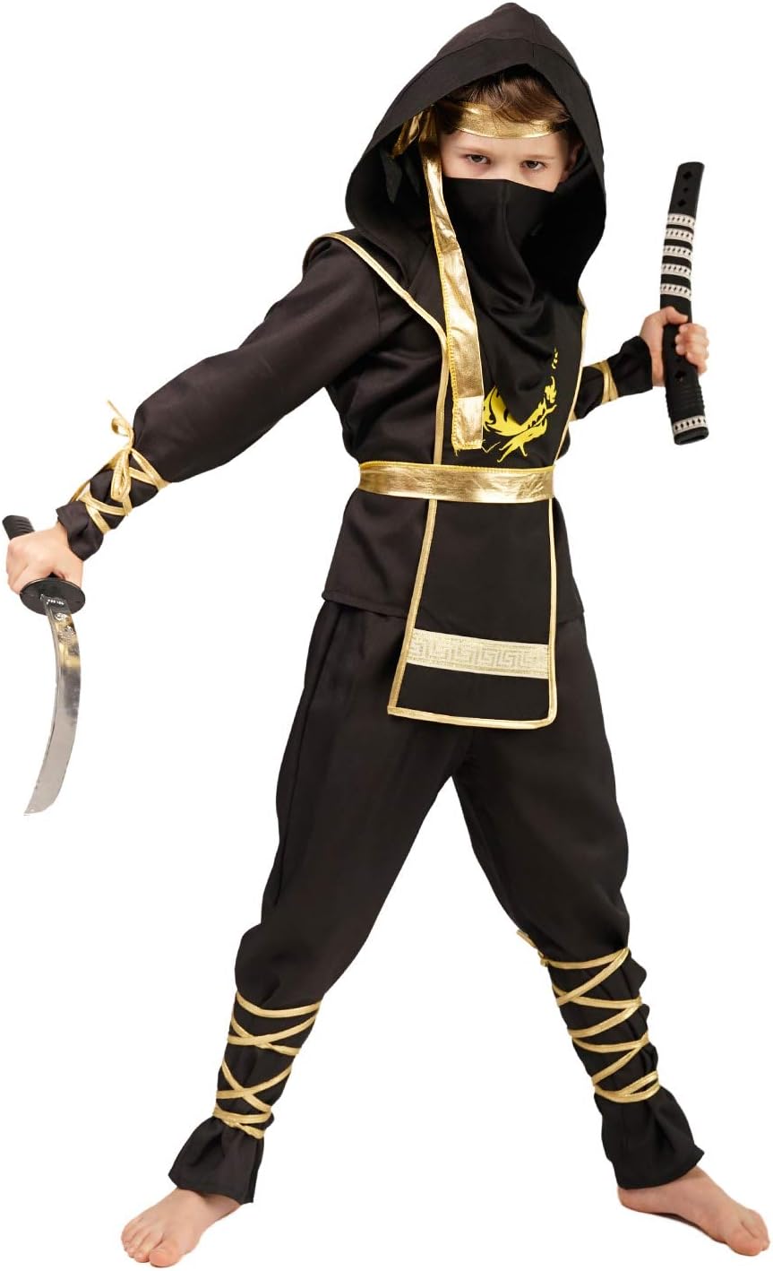 SEA HARE Kinder Black Ninja Power Samurai Warrior Costume (S :4-6 Jahre), S :4-6 Jahre
