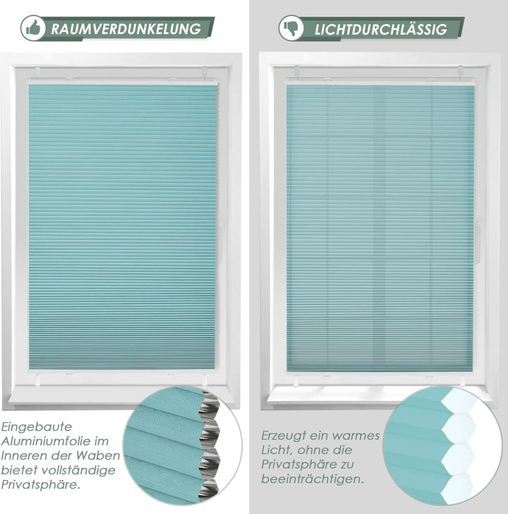 bobodeco Wabenplissee Plissee ohne Bohren Verdunkelung Klemmfix Thermo Verdunklungsplissee, Hellblau