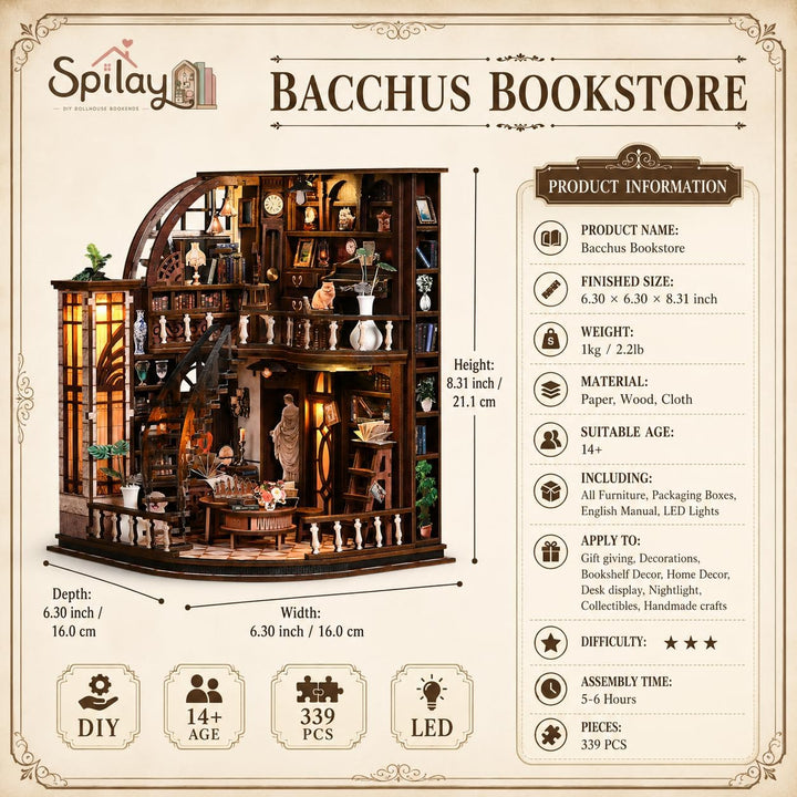 Spilay Miniatur Haus, Bacchus Bookstore 3D Holzpuzzle mit LED | DIY Miniature House Kit für Erwachse