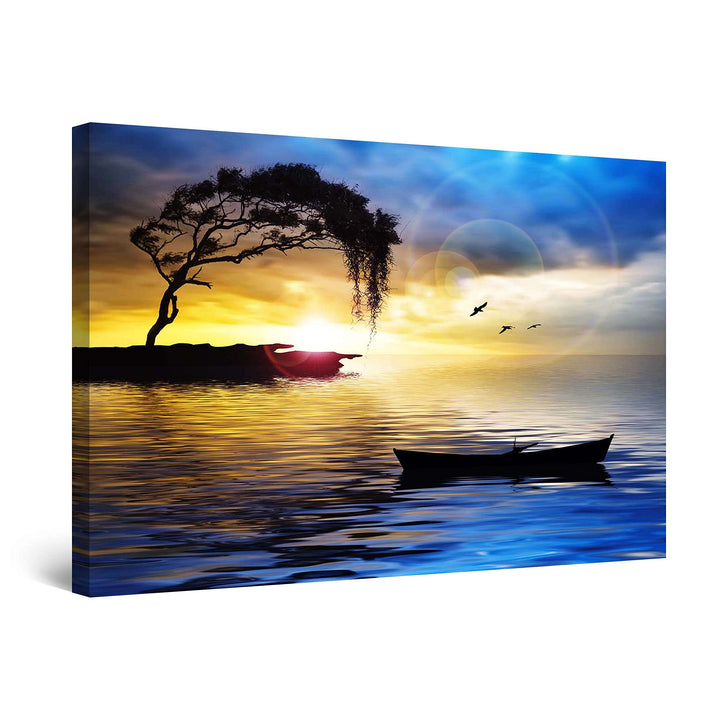 Startonight Bilder Blauer Landschaft Baum, Boot und Meer, Leinwandbilder Moderne Kunst, Abstrakte Wa