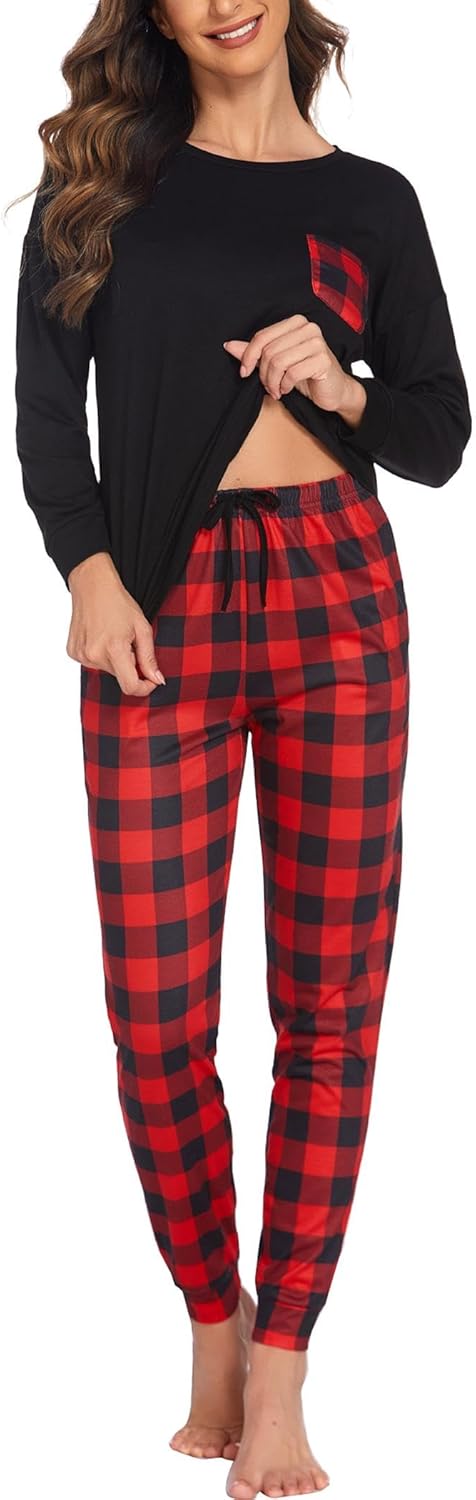 Ekouaer Schlafanzug Damen Lang Zweiteiler Pyjama Langarm Warm Pyjama Set Weich Nachtwäsche Kariert,