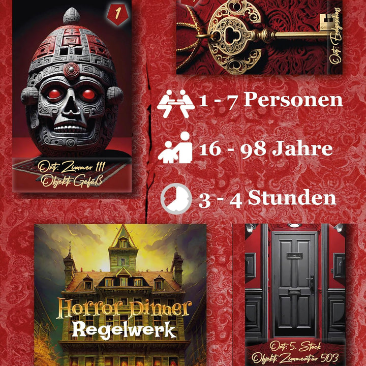 HORRORDINNER - Haunted Hotel - Krimidinner für 1-7 Spieler, Ab 18 Jahren, 3 Stunden Spielzeit, Schwa