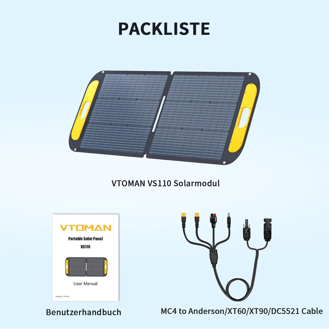 VTOMAN VS110 Faltbares Solarpanel 110W, 18V/25% Effizienz, Monokristalline Tragbare Solarmodul für P