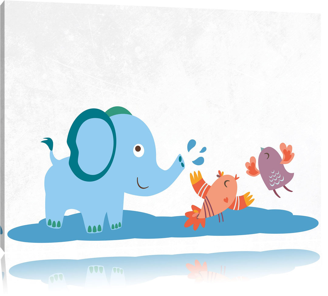 Pixxprint Elefant mit Vögeln als Leinwandbild/Grösse: 100x70 cm/Wandbild/Kunstdruck/fertig bespannt,