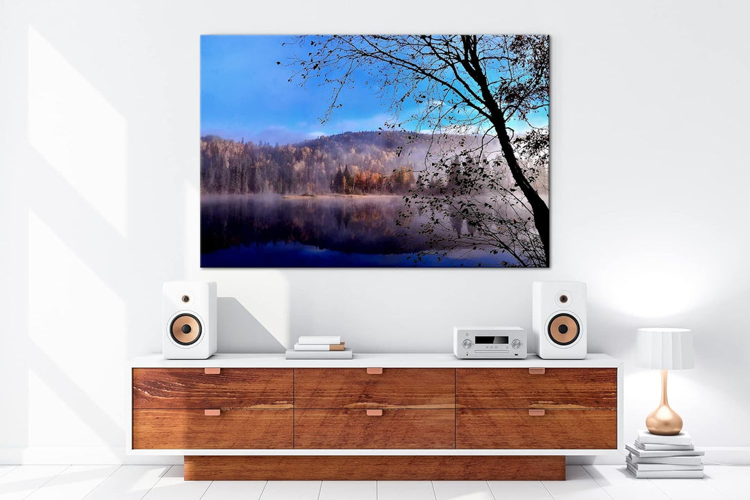 deyoli schöne Herbstlandschaft am See im Format: 80x60 als Leinwandbild, Motiv fertig gerahmt auf Ec