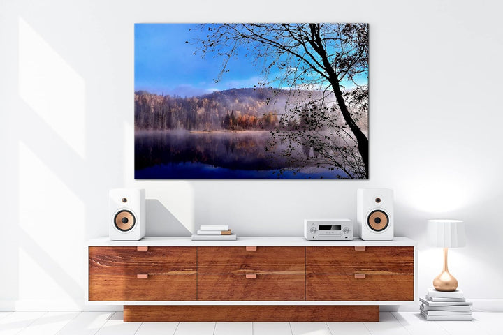 deyoli schöne Herbstlandschaft am See im Format: 80x60 als Leinwandbild, Motiv fertig gerahmt auf Ec