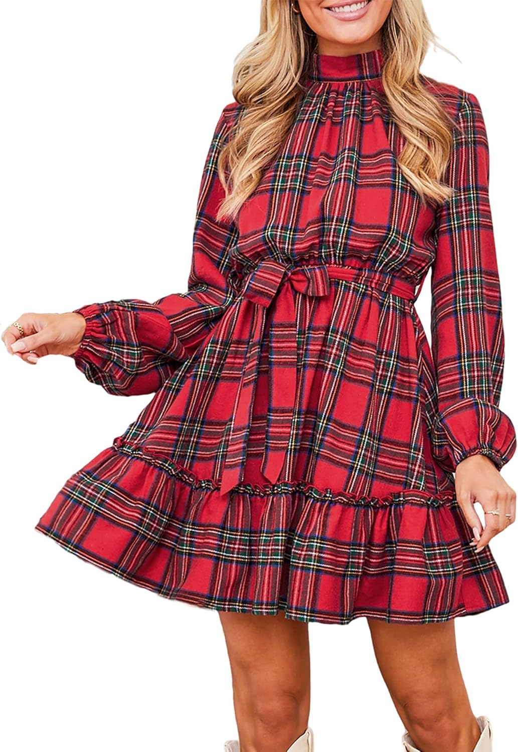 CUPSHE Damen Kleid High Neck Langarm Blumenmuster Kurzes Minikleid Freizeitkleider Party Tunika Dres