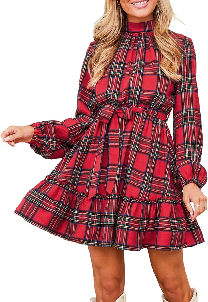 CUPSHE Damen Kleid High Neck Langarm Blumenmuster Kurzes Minikleid Freizeitkleider Party Tunika Dres
