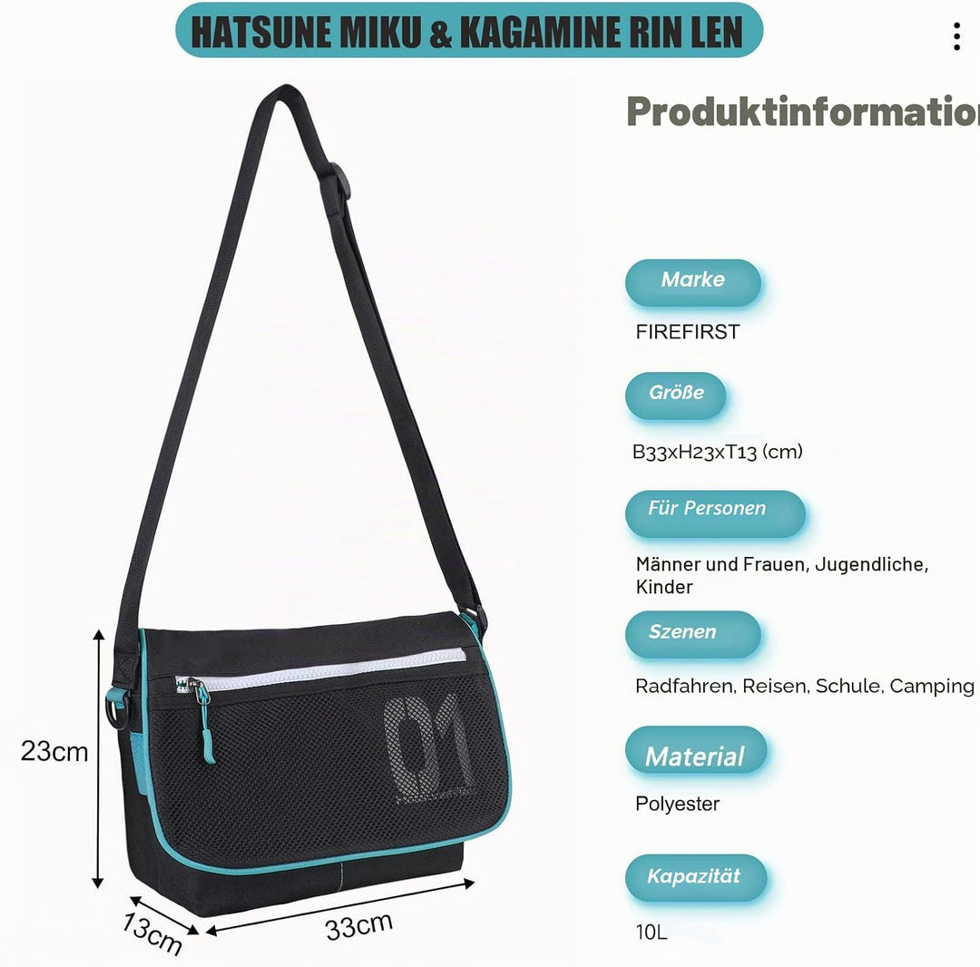 FIREFIRST Hatsune Miku &amp; Kagamine Rin Lens Crossbody Messenger Schultertasche Türkis W33×H23×D13（cm）