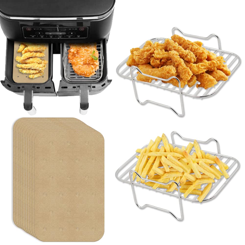 2Stücke 304 Edelstahl Heissluftfritteuse Grillrost mit 100 Stücke Backpapier kompatibel mit Ninja Fo