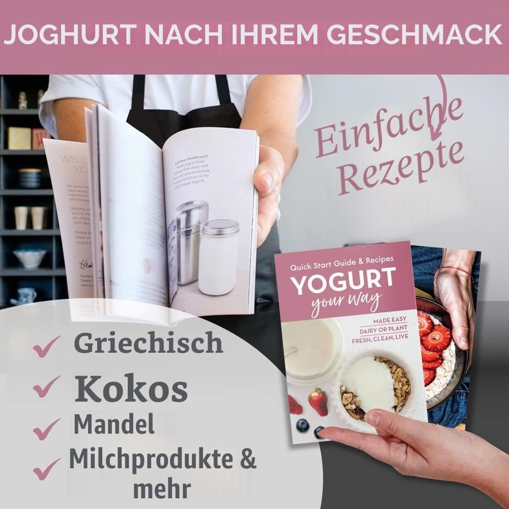 Edelstahl Joghurtbereiter mit 1 Quart Glas und komplettem Rezeptbuch für 12+ einfache selbstgemachte