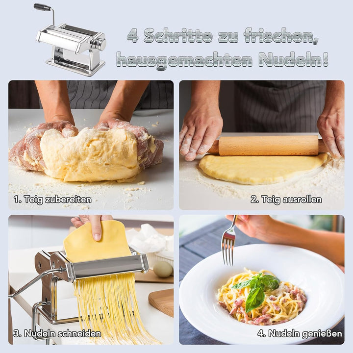 Pastamaschine aus Edelstahl, manuelle Nudelmaschine mit 9 Teigstärken & 2 Schnittbreiten für Spaghet