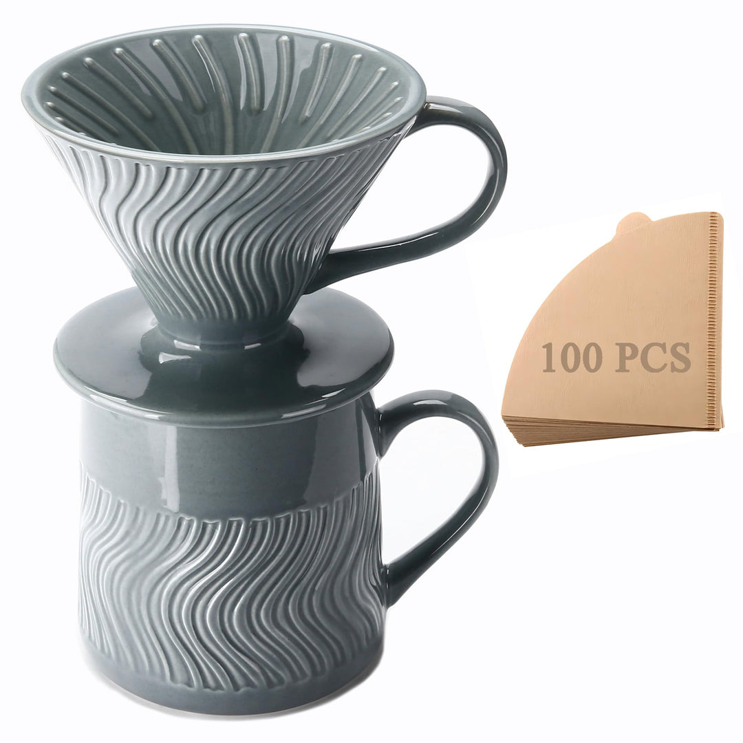 Pour-Over-Kaffeebereiter, Keramik Kaffee-Tropfer mit 100 Stück Grösse-02-Papierfilter, Keramik-Kanne