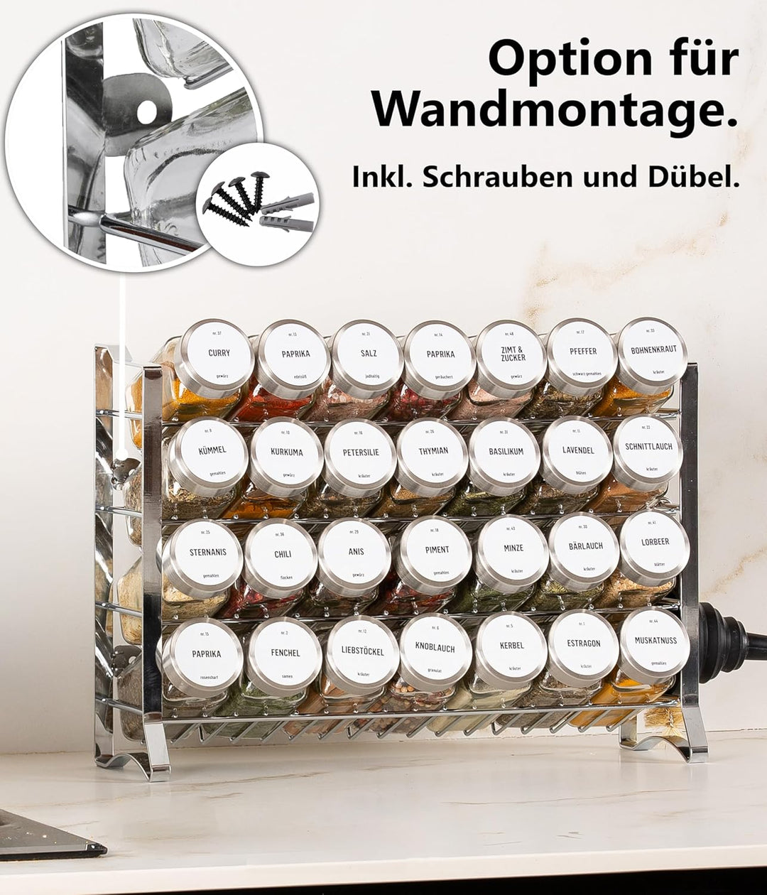 Deco haus® Gewürzregal Wand & Stehend [MIT GEWÜRZDOSEN & ETIKETTEN] - Gewürz Organizer - Gewürzregal