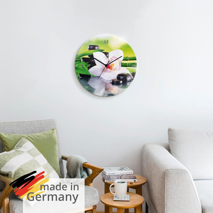 ARTLAND Wanduhr ohne Tickgeräusche Glas Quarzuhr Ø 30 cm Rund Lautlos Orchidee Zen Pflanze Spa Stein