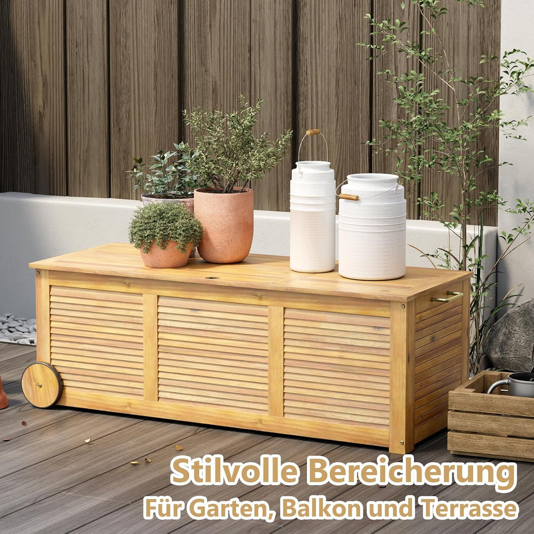 GIANTEX Auflagenbox Kissenbox Akazien Holz 182L, Gartenbox Aufbewahrungsbox mit Rollen, Kissentruhe