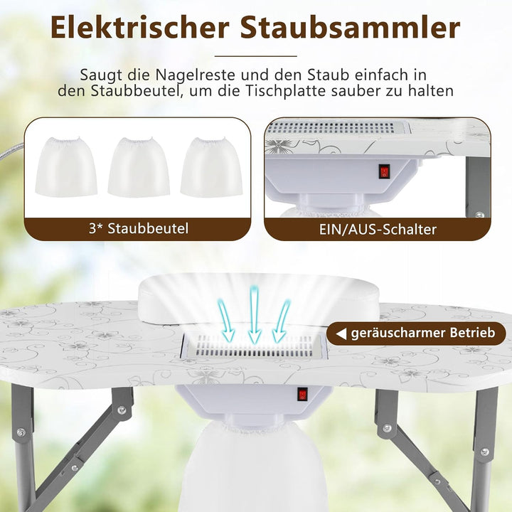 GOPLUS Nageltisch faltbar, Maniküre Tisch mit Absaugung, 3 modi LED Tischlampe, Handgelenkkissen, Tr
