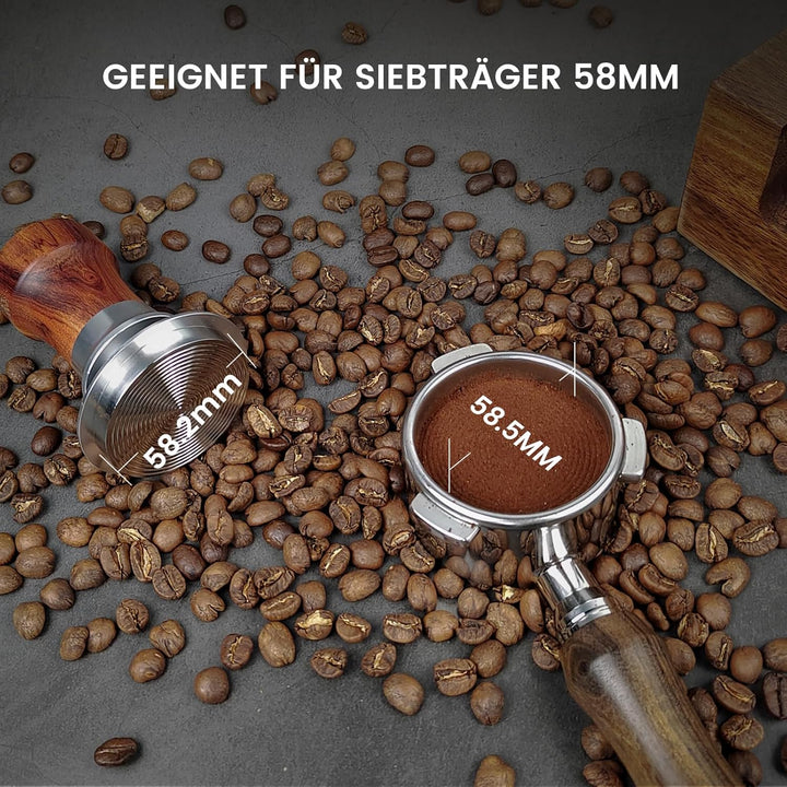 Tamper 58mm, Federbelastet Kaffee Tamper mit Edelstahl 304 Gewindeboden, Espresso Tamper mit Holzgri