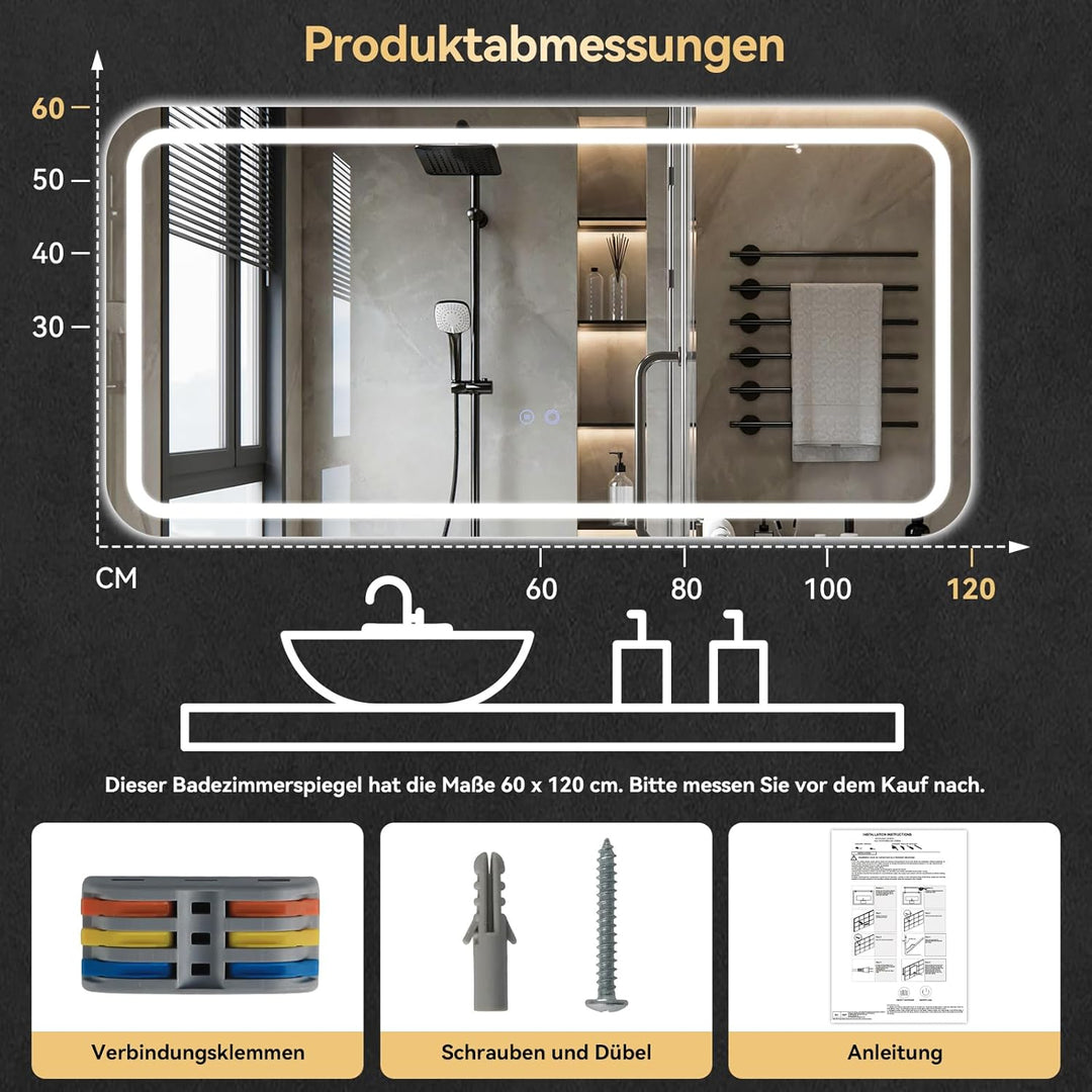 YOURLITE Badspiegel-mit-Beleuchtung 120x60cm,Badezimmerspiegel mit Beleuchtung,Touch-Schalter,Rechte