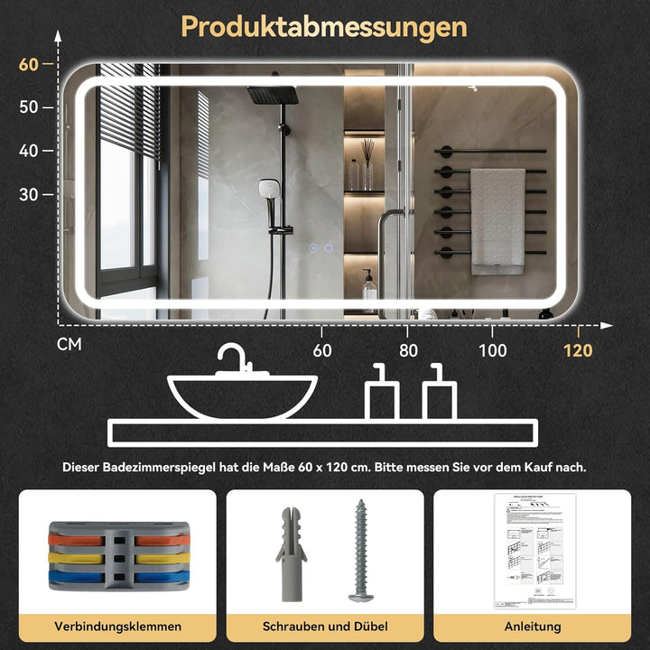 YOURLITE Badspiegel-mit-Beleuchtung 120x60cm,Badezimmerspiegel mit Beleuchtung,Touch-Schalter,Rechte