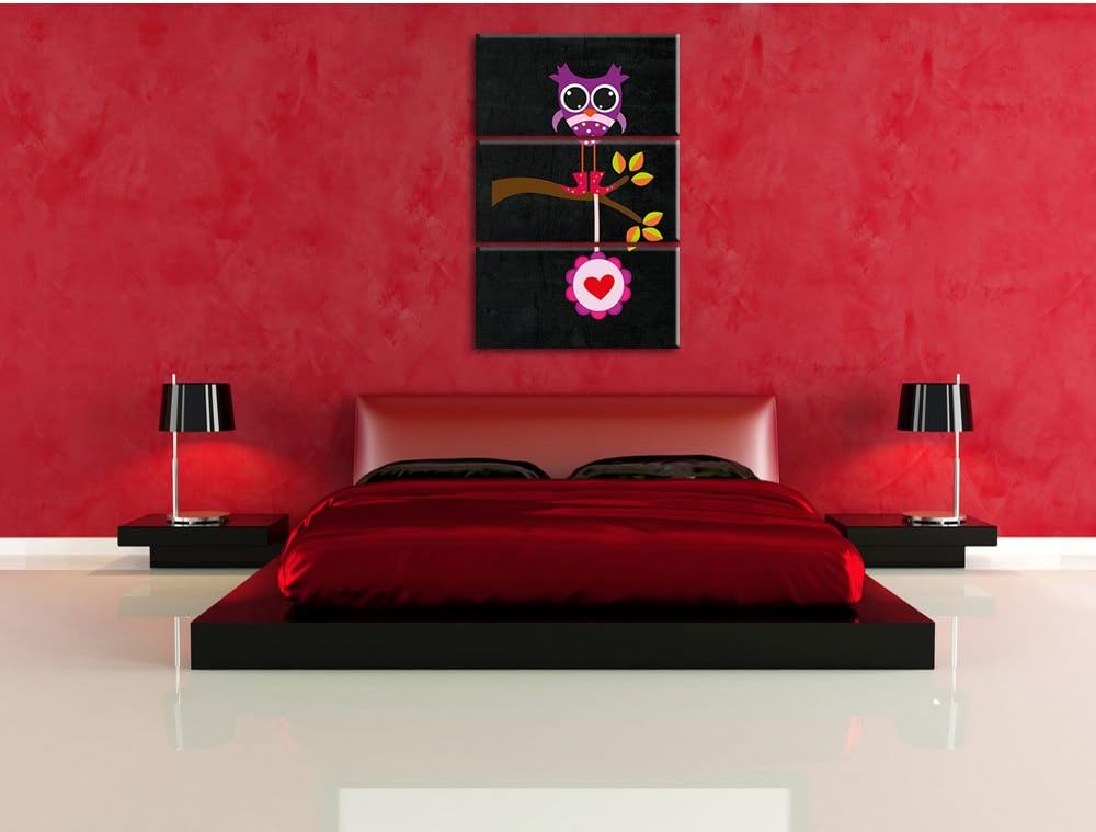 Pixxprint Süsse Eule auf AST mit Anhänger als Leinwandbild/Grösse: 3 Teilig (120x80) cm/Wandbild/Kun