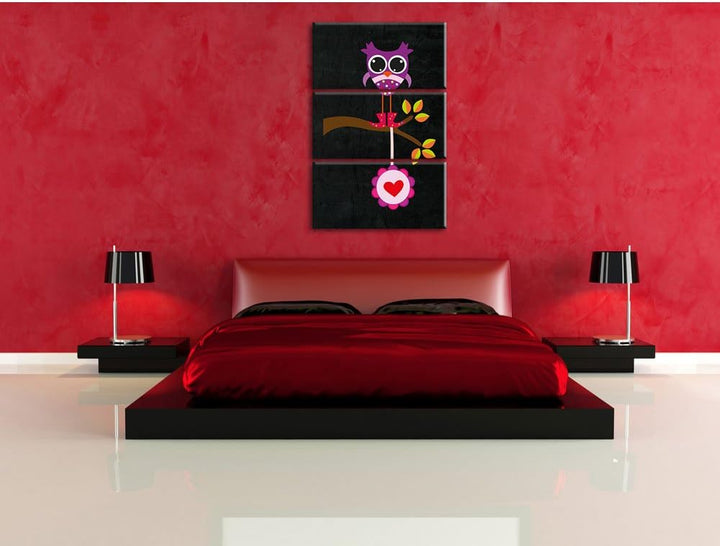Pixxprint Süsse Eule auf AST mit Anhänger als Leinwandbild/Grösse: 3 Teilig (120x80) cm/Wandbild/Kun