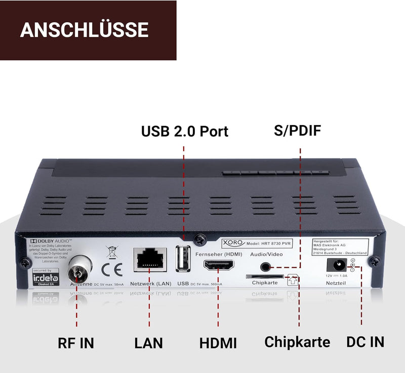 DVB-C/T2 Combo Receiver XORO HRT 8730 Hybrid mit USB Mediaplayer, PVR Ready, Timeshift, integriertes