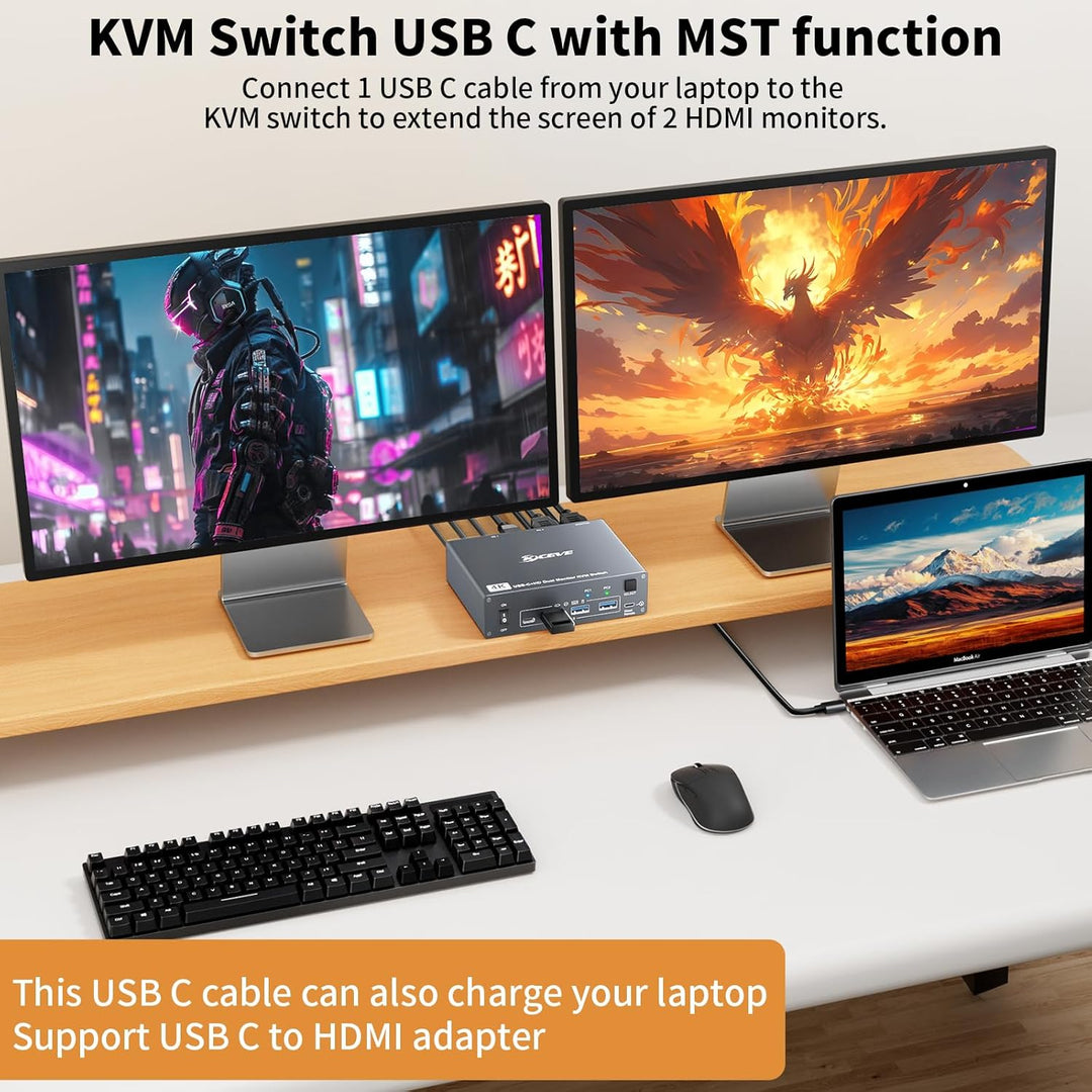 4K@60Hz USBC HDMI KVM Switch 2 PC 2 Monitore für 1 Laptop und 1 Desktop, Dual Monitor KVM Switch mit