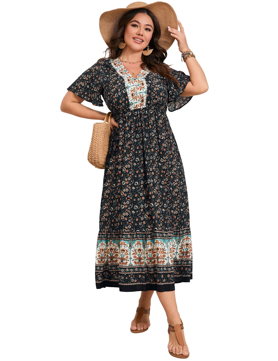Clearlove Damen Sommerkleid Boho Kurzarm Midi Kleider V-Ausschnitt Strandkleid lang Blumenkleid Rüsc