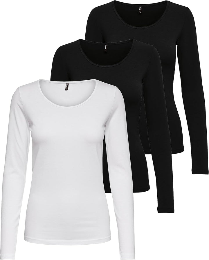 ONLY Damen Longsleeve Onllive Love Life Basic Damen-Shirt M 2x Schwarz, 1x Weiss, M 2x Schwarz, 1x W