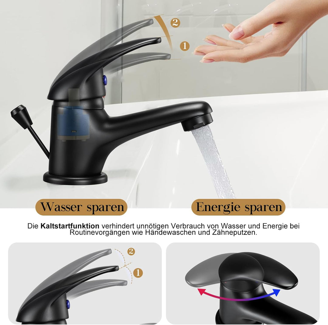 Wasserhahn Bad mit Zugstange Ablaufgarnitur, Mini Einhebel-Waschtischarmatur Schwarz, Einhandmischer