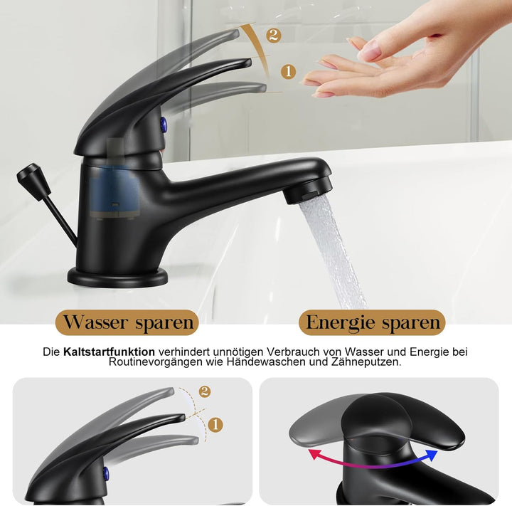Wasserhahn Bad mit Zugstange Ablaufgarnitur, Mini Einhebel-Waschtischarmatur Schwarz, Einhandmischer