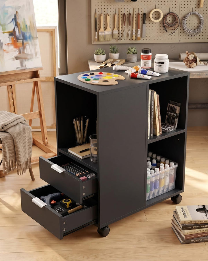 Rollcontainer Aktenschrank, Büro Schubladenschrank Untertisch, Schwarz Schwarz Holz, Schwarz Holz