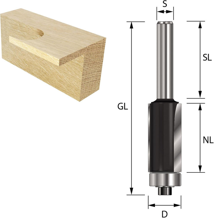 ENT 13568 Bündigfräser HW, Schaft (S) 8 mm, Durchmesser (D) 8 mm, NL 19 mm, GL 61,9 mm, SL 32 mm, mi