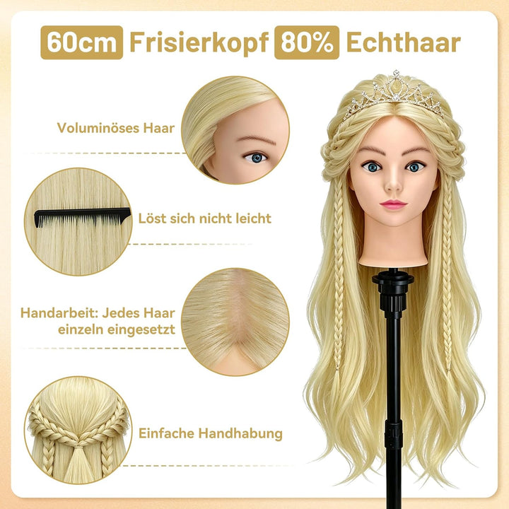 TwoWin 24 Zoll /60 cm Trainingsköpfe für Friseure, Frisierkopf mit 80% Echthaar, Übungskopf Friseurk