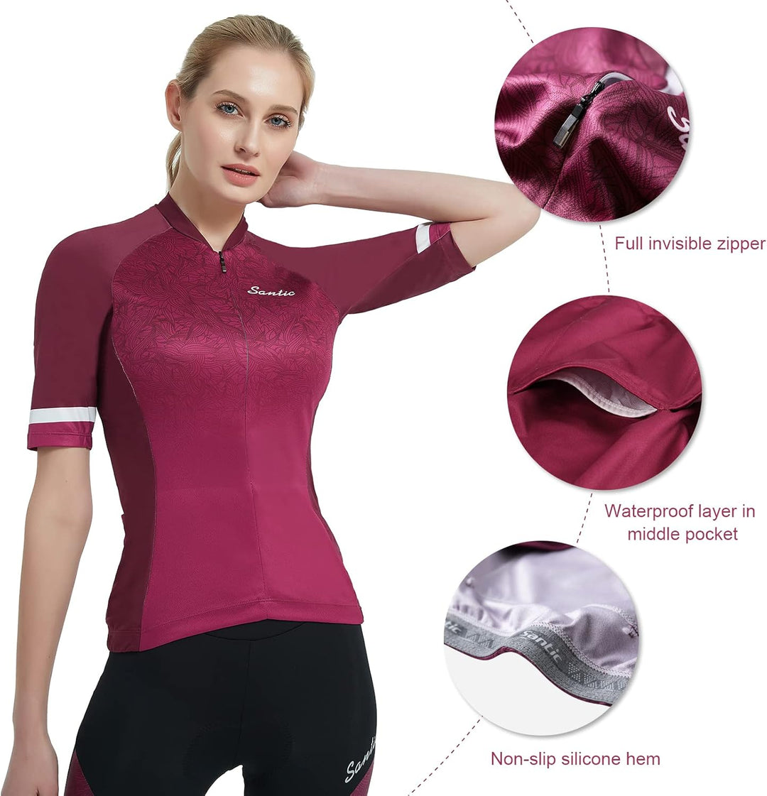 Santic Damen Radler-Trikot Kurzarm Atmungsaktives Fahrrad-Oberteil mit Reflektorstreifen Schnelltroc