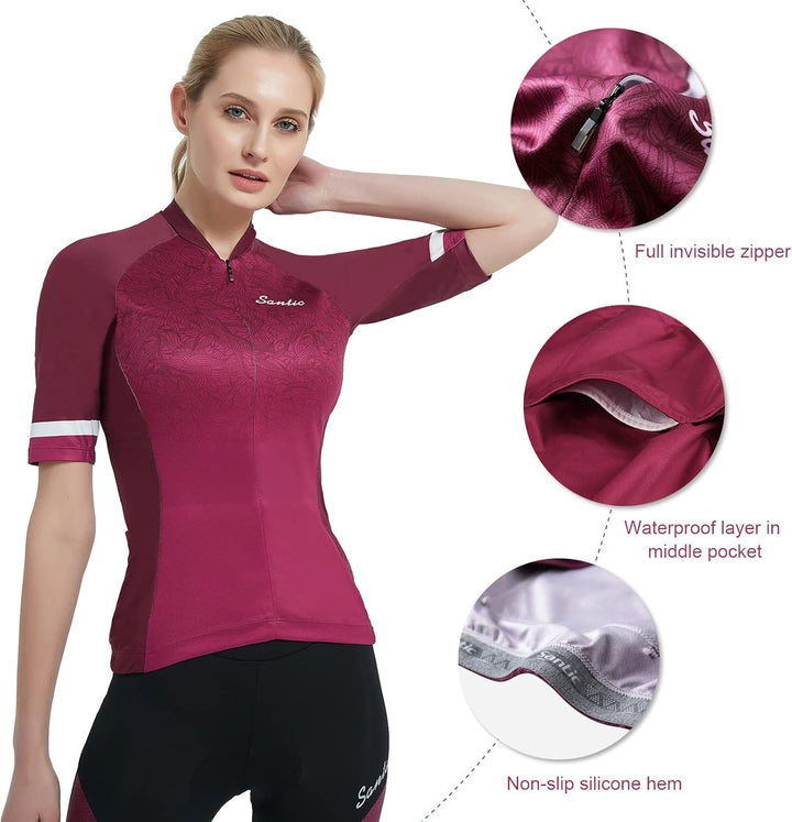 Santic Damen Radler-Trikot Kurzarm Atmungsaktives Fahrrad-Oberteil mit Reflektorstreifen Schnelltroc