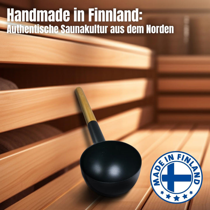 KOLO Saunakelle Typ 2 - Aufgusskelle 300ml Aluminium Schwarz - 43cm Bambusgriff - Sauna Kelle - Made