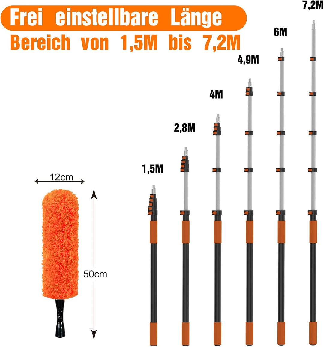 7,2M Staubwedel Teleskop Waschbar, Spinnwebenbesen mit Teleskopstiel, Fensterabzieher zum Reinigen v