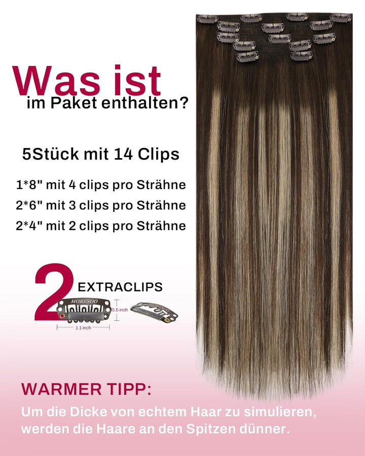 Moresoo Clip in Extensions Balayage Remy Echthaar Extensions Clip Ombre Haarextension Echthaar Clip