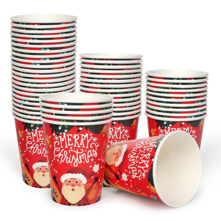 60 Stück Pappbecher WeihnachtsRot 9oz Party Tischdeko mit Cartoon Weihnachtsmann und Merry Christmas