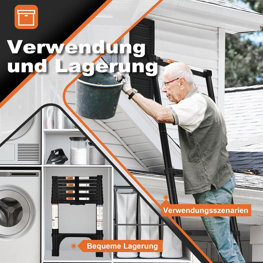HBTower Teleskopleiter 2,6m mit rutschfesten Füssen,Leichte Ausziehleiter, Leiter Ausziehbar, klappb